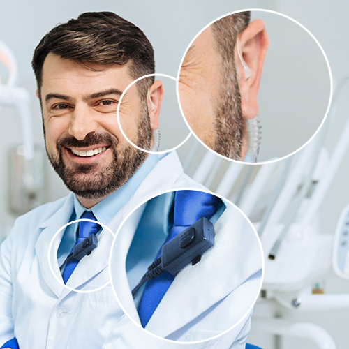 Dentist wearing a Walkie-Talkie Earpiece